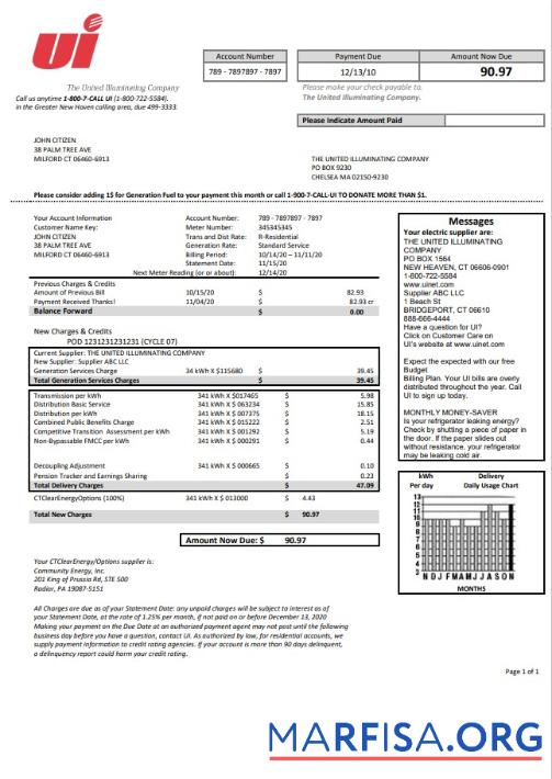 Realistic USA Connecticut The United Illuminating Company electricity utility bill template in Word and PDF format